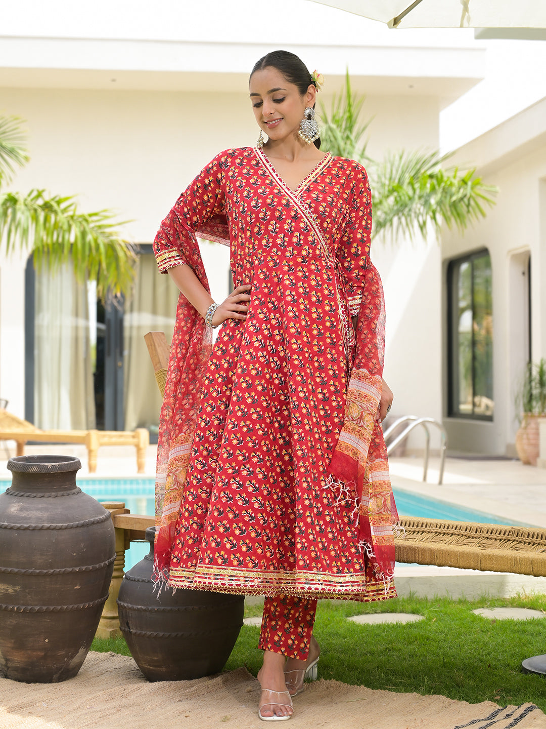 Red-Cotton-Floral-Print-Flared-Kurta-Set-with-Dupatta