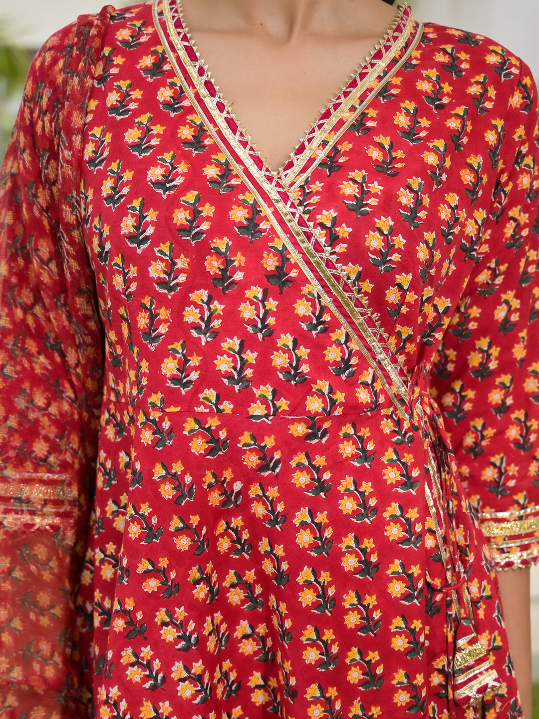 Red-Cotton-Floral-Print-Flared-Kurta-Set-with-Dupatta