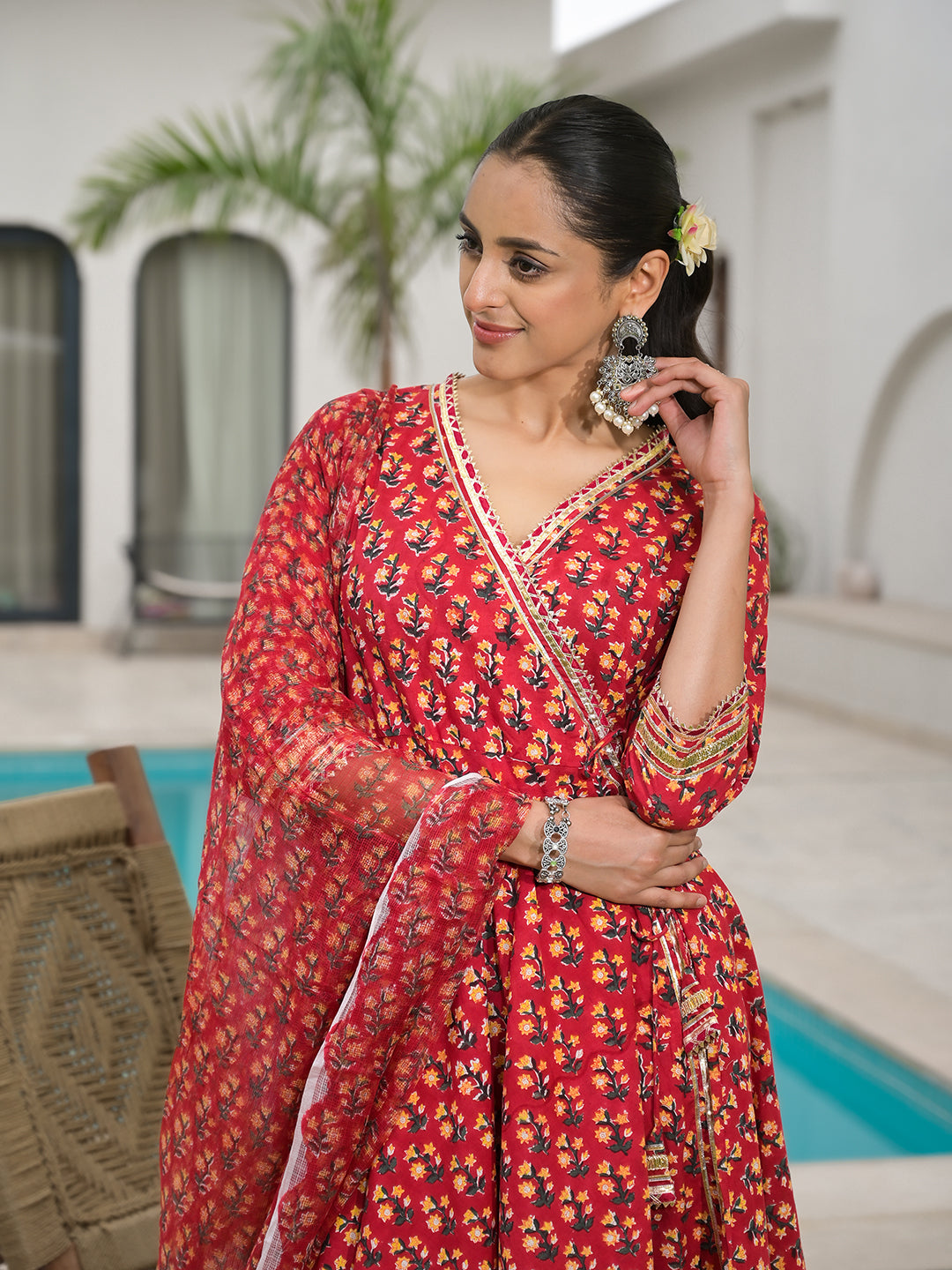 Red-Cotton-Floral-Print-Flared-Kurta-Set-with-Dupatta