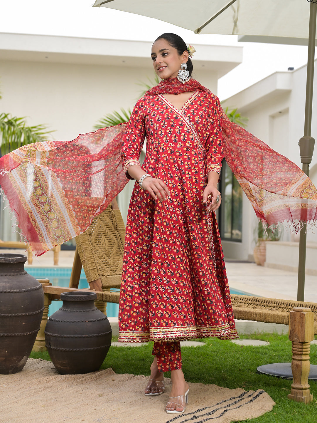 Red-Cotton-Floral-Print-Flared-Kurta-Set-with-Dupatta