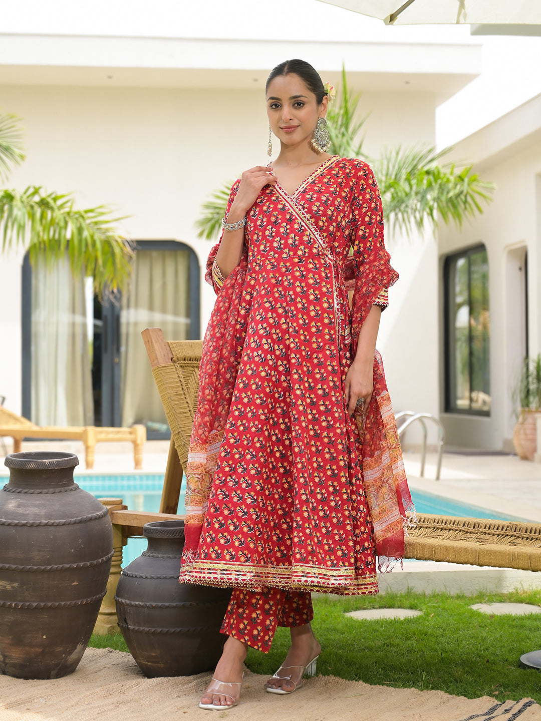 Red-Cotton-Floral-Print-Flared-Kurta-Set-with-Dupatta