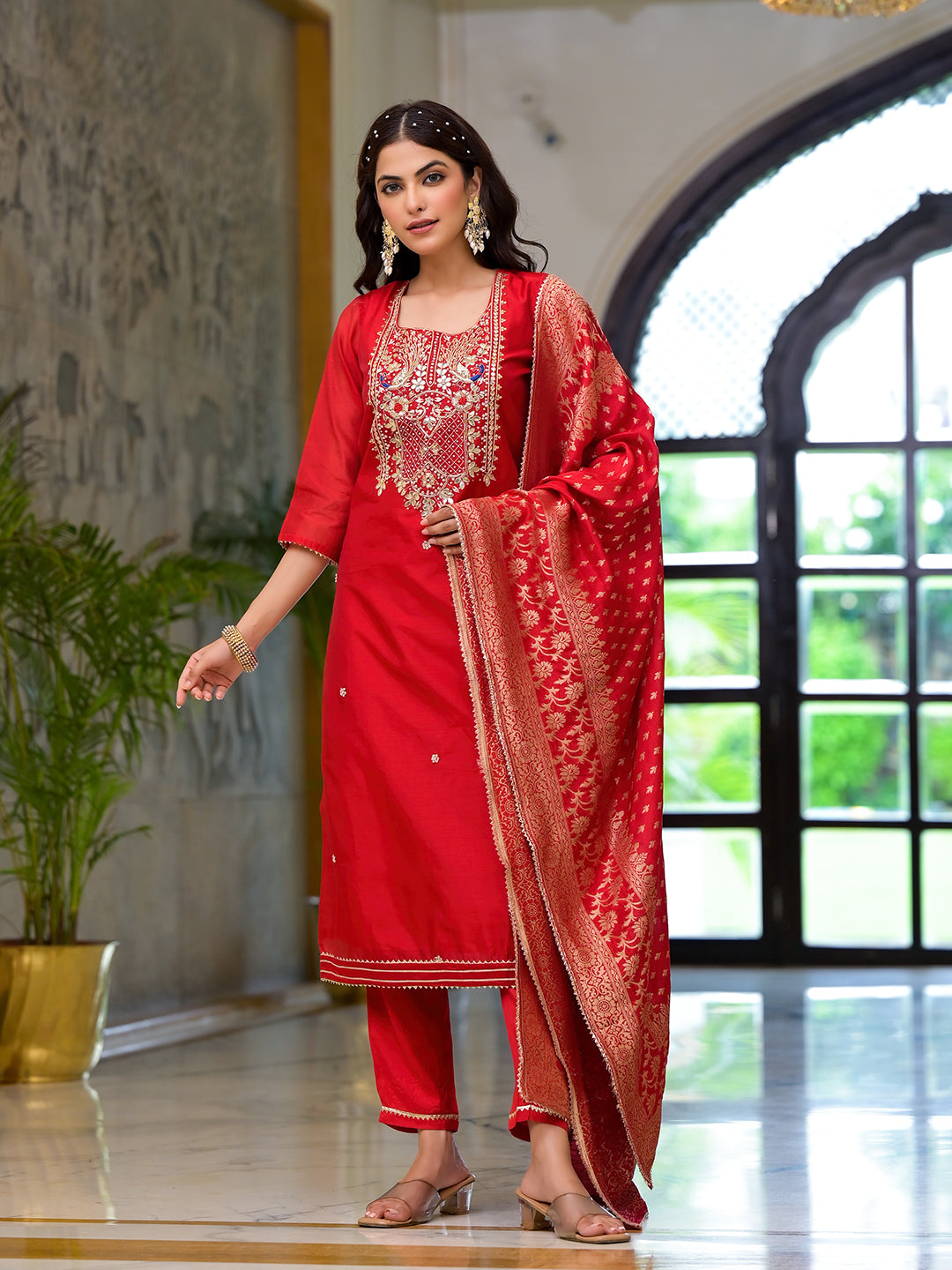 Red-Chanderi-Silk-Embroidered-3-Piece-Kurta-Set