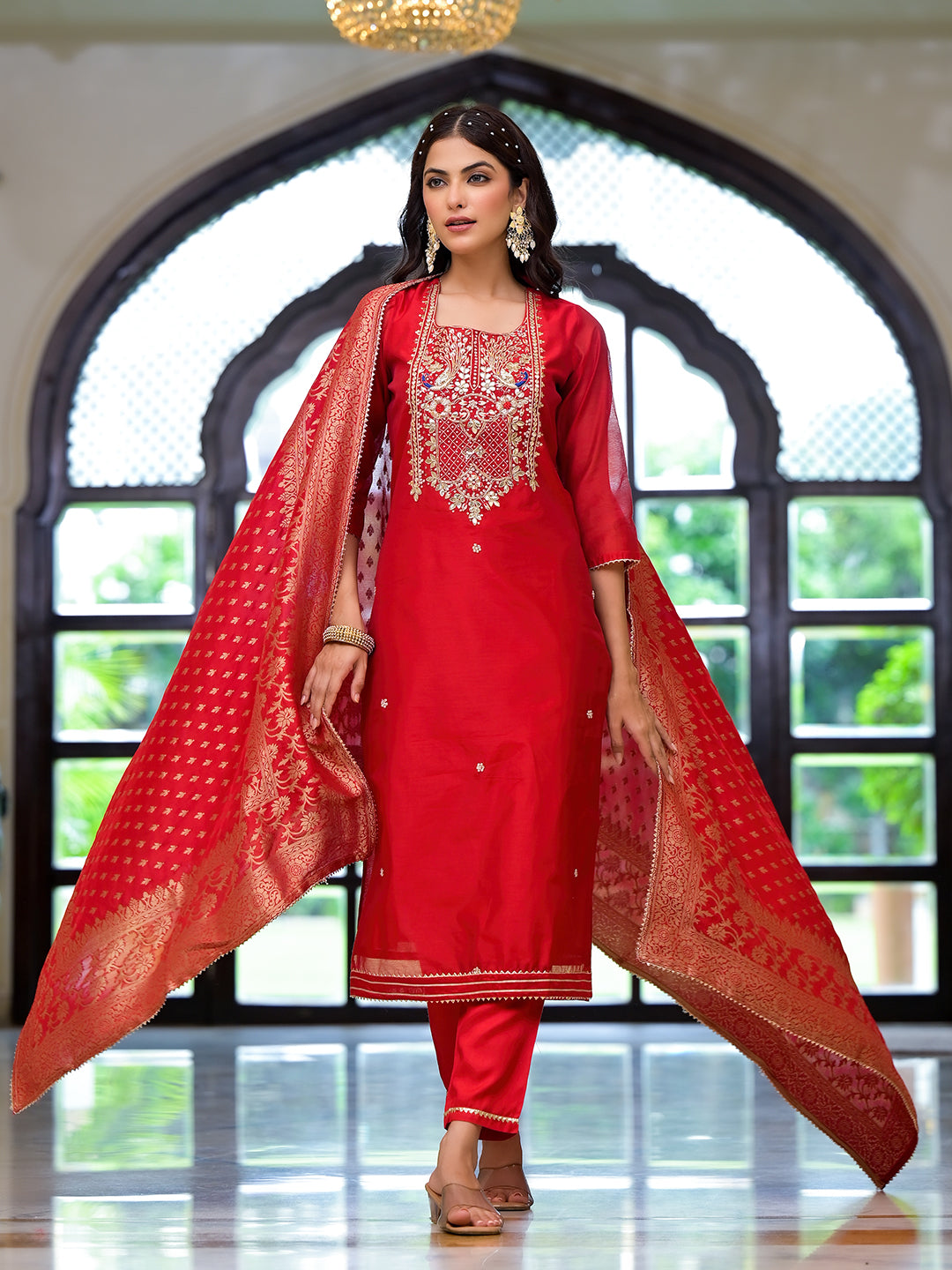 Red-Chanderi-Silk-Embroidered-3-Piece-Kurta-Set