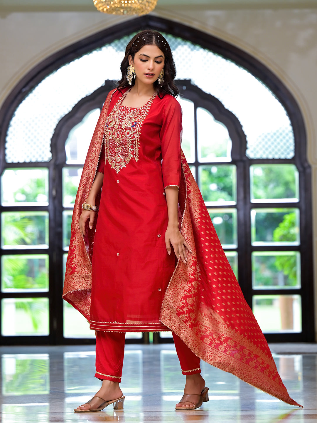 Red-Chanderi-Silk-Embroidered-3-Piece-Kurta-Set
