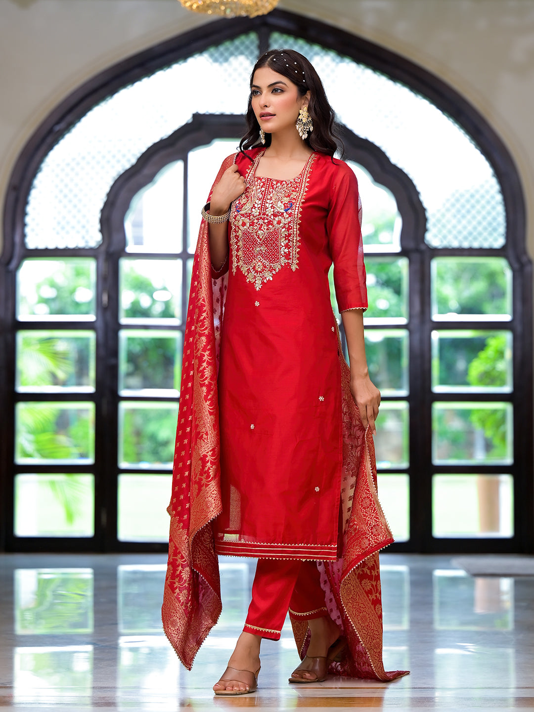 Red-Chanderi-Silk-Embroidered-3-Piece-Kurta-Set