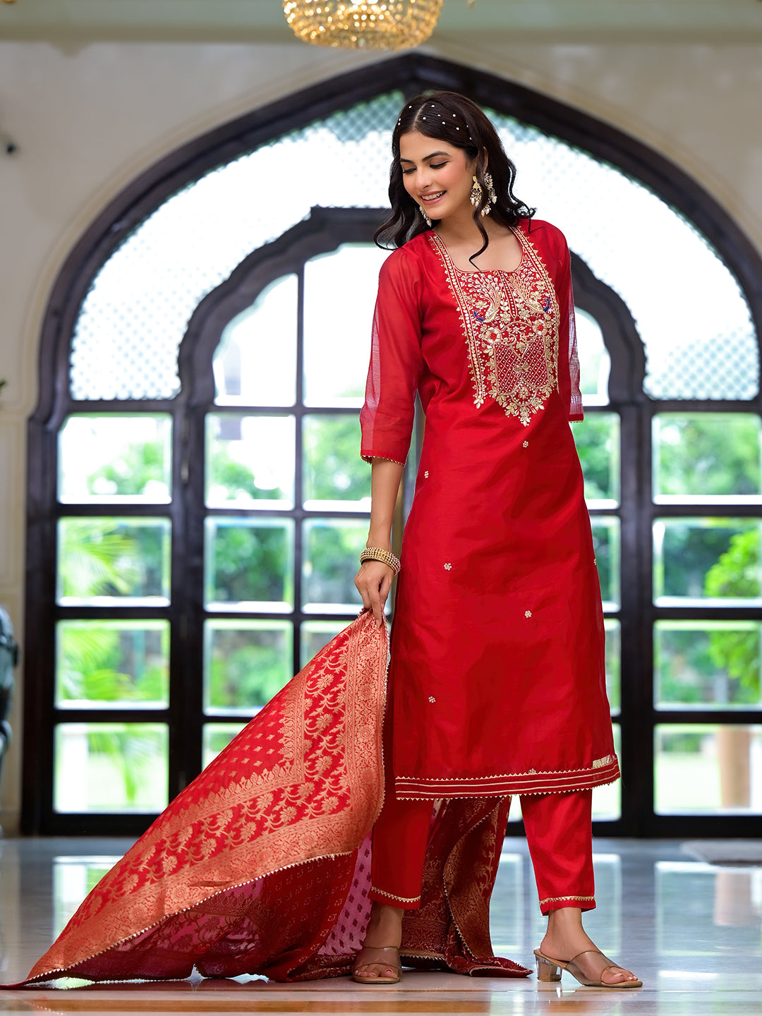Red-Chanderi-Silk-Embroidered-3-Piece-Kurta-Set