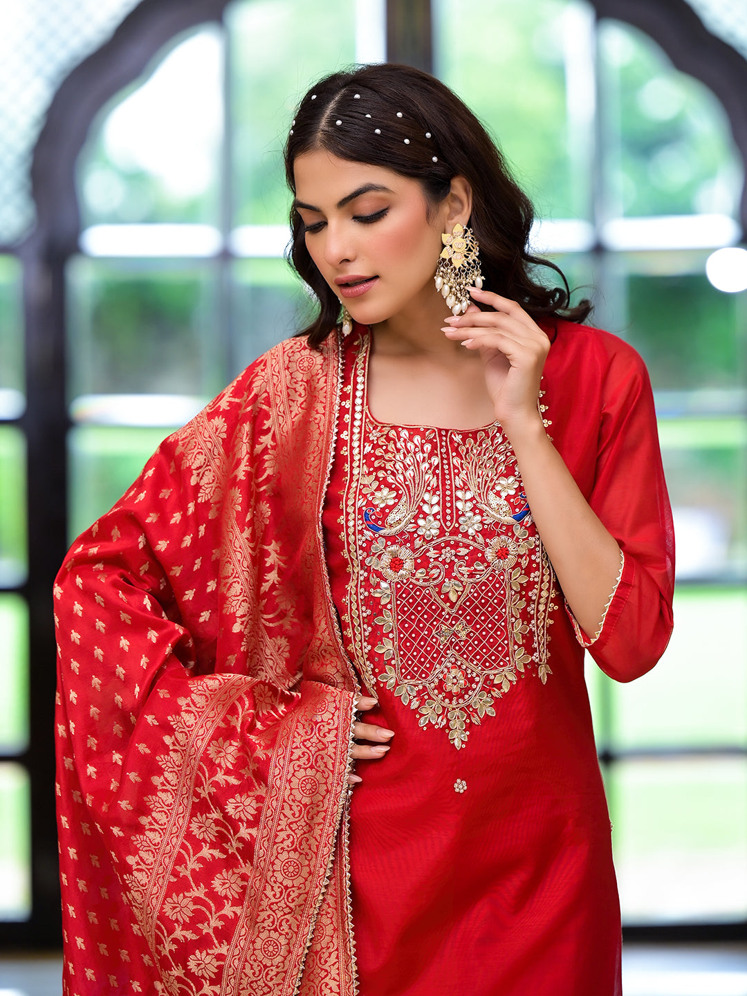 Red-Chanderi-Silk-Embroidered-3-Piece-Kurta-Set