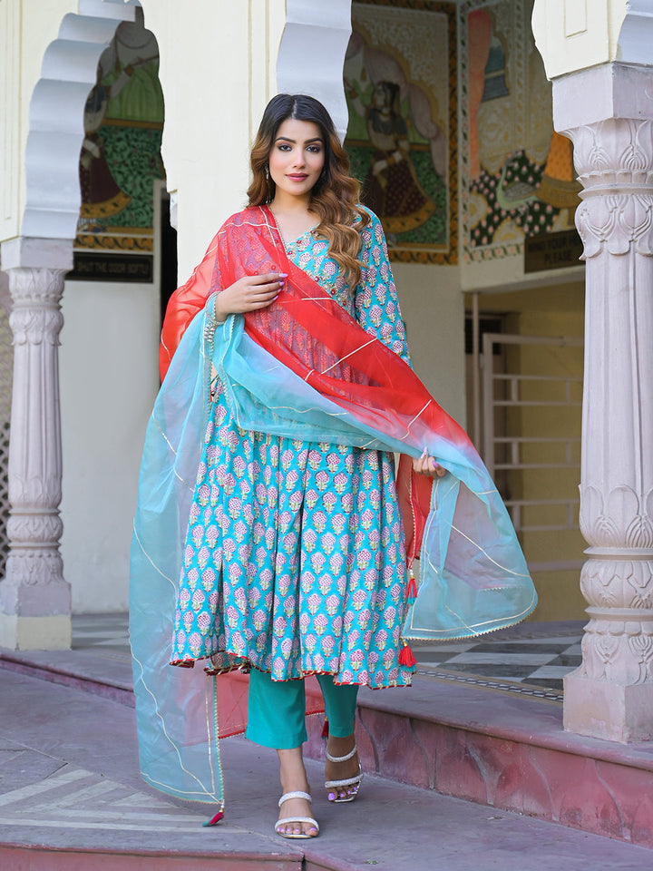 Turquoise-Blue-Muslin-Floral-A-Line-3-Piece-Kurta-Set