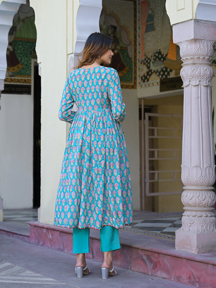 Turquoise-Blue-Muslin-Floral-A-Line-3-Piece-Kurta-Set