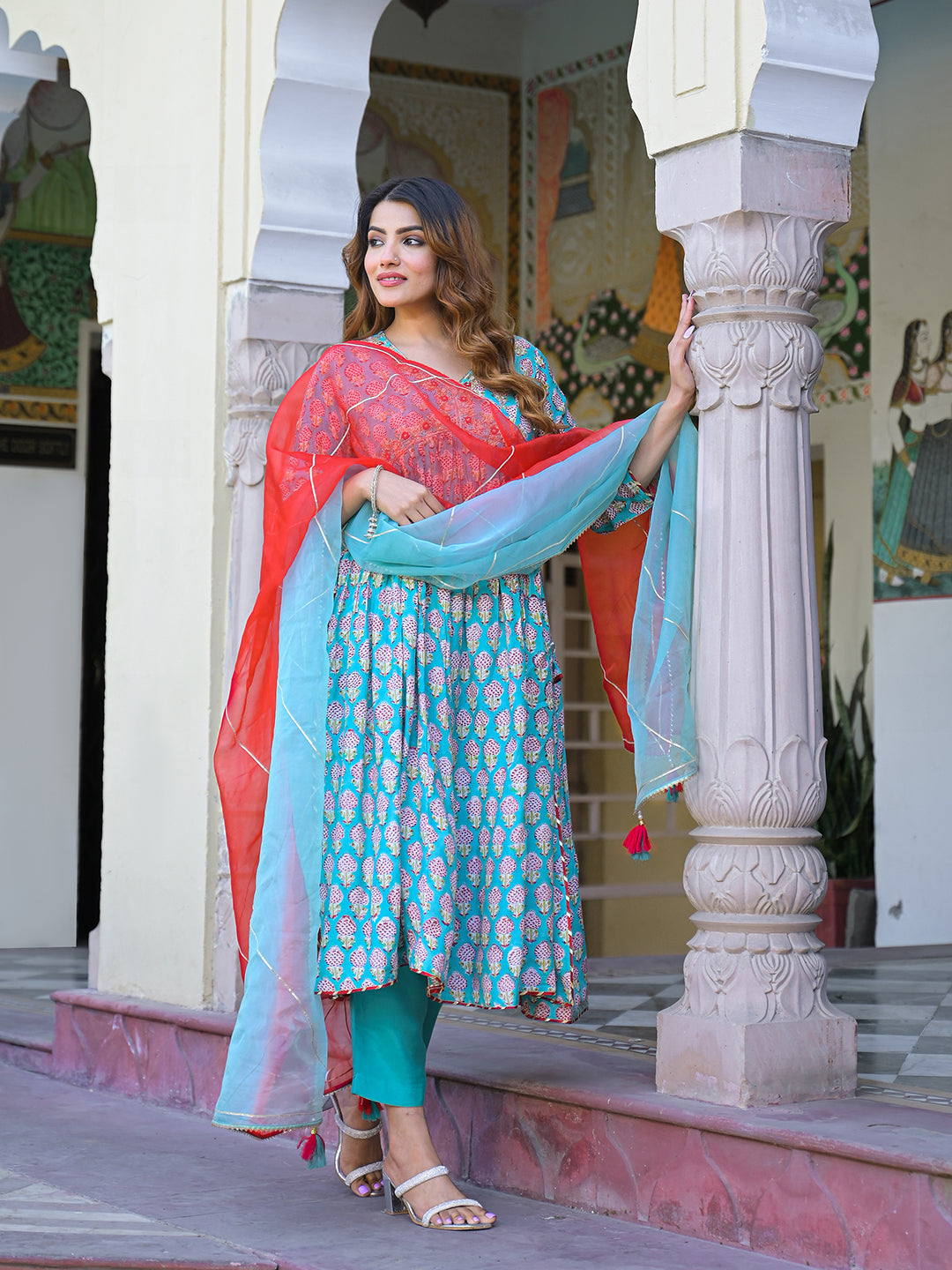 Turquoise-Blue-Muslin-Floral-A-Line-3-Piece-Kurta-Set