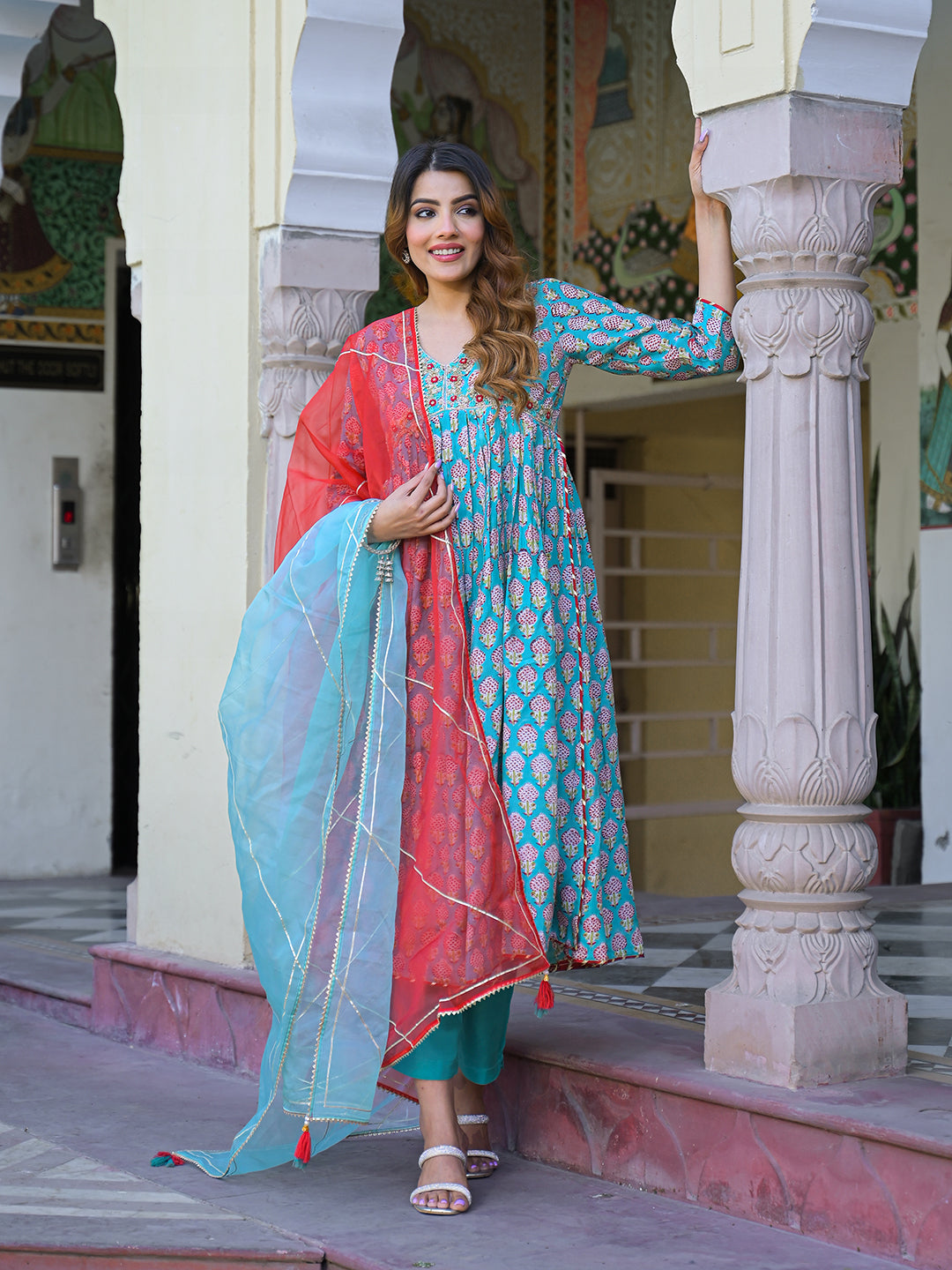 Turquoise-Blue-Muslin-Floral-A-Line-3-Piece-Kurta-Set