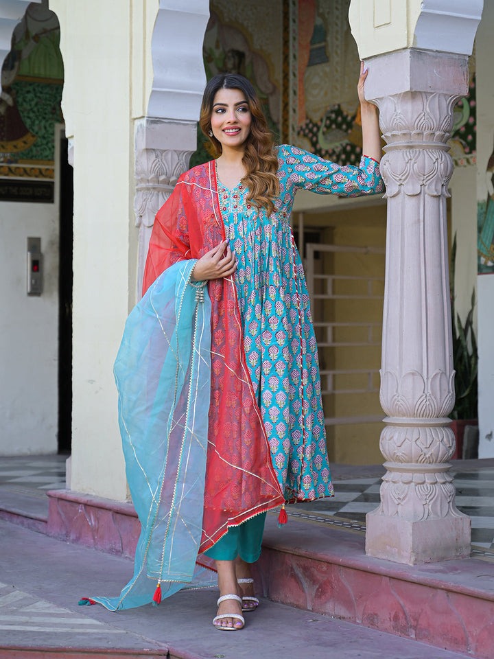 Turquoise-Blue-Muslin-Floral-A-Line-3-Piece-Kurta-Set