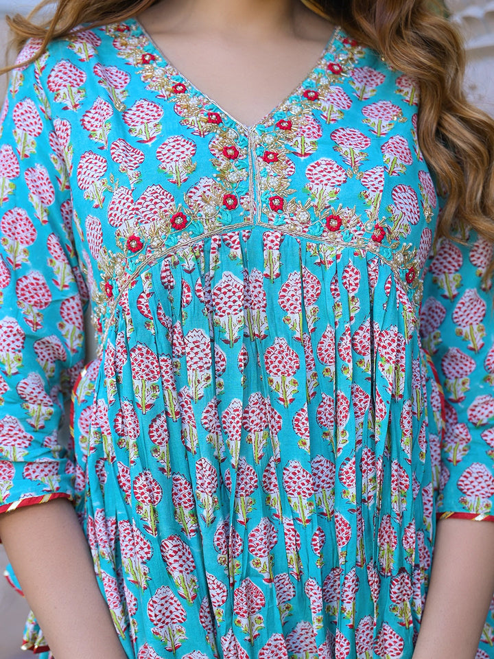 Turquoise-Blue-Muslin-Floral-A-Line-3-Piece-Kurta-Set