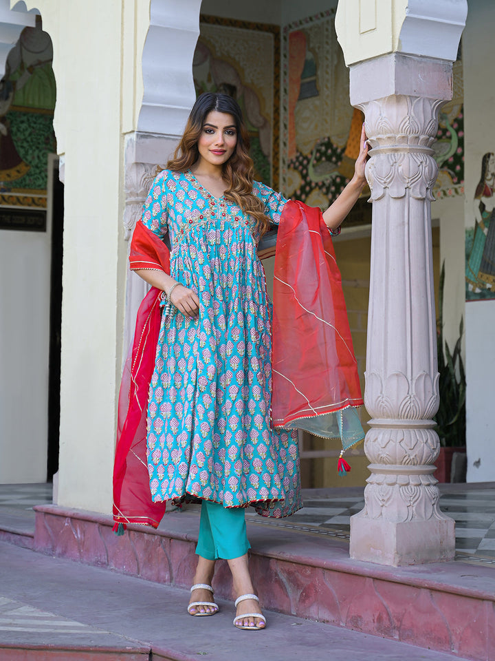 Turquoise-Blue-Muslin-Floral-A-Line-3-Piece-Kurta-Set