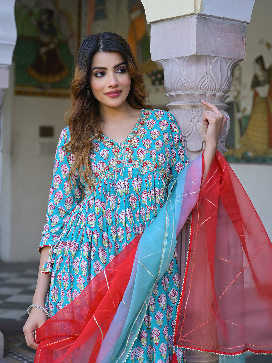 Turquoise-Blue-Muslin-Floral-A-Line-3-Piece-Kurta-Set