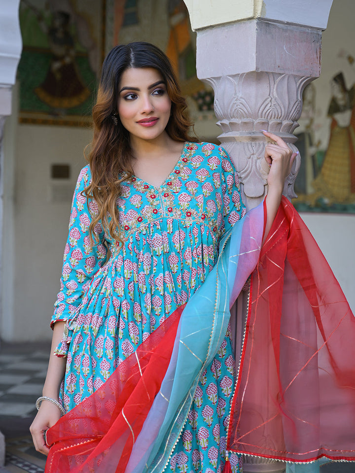 Turquoise-Blue-Muslin-Floral-A-Line-3-Piece-Kurta-Set