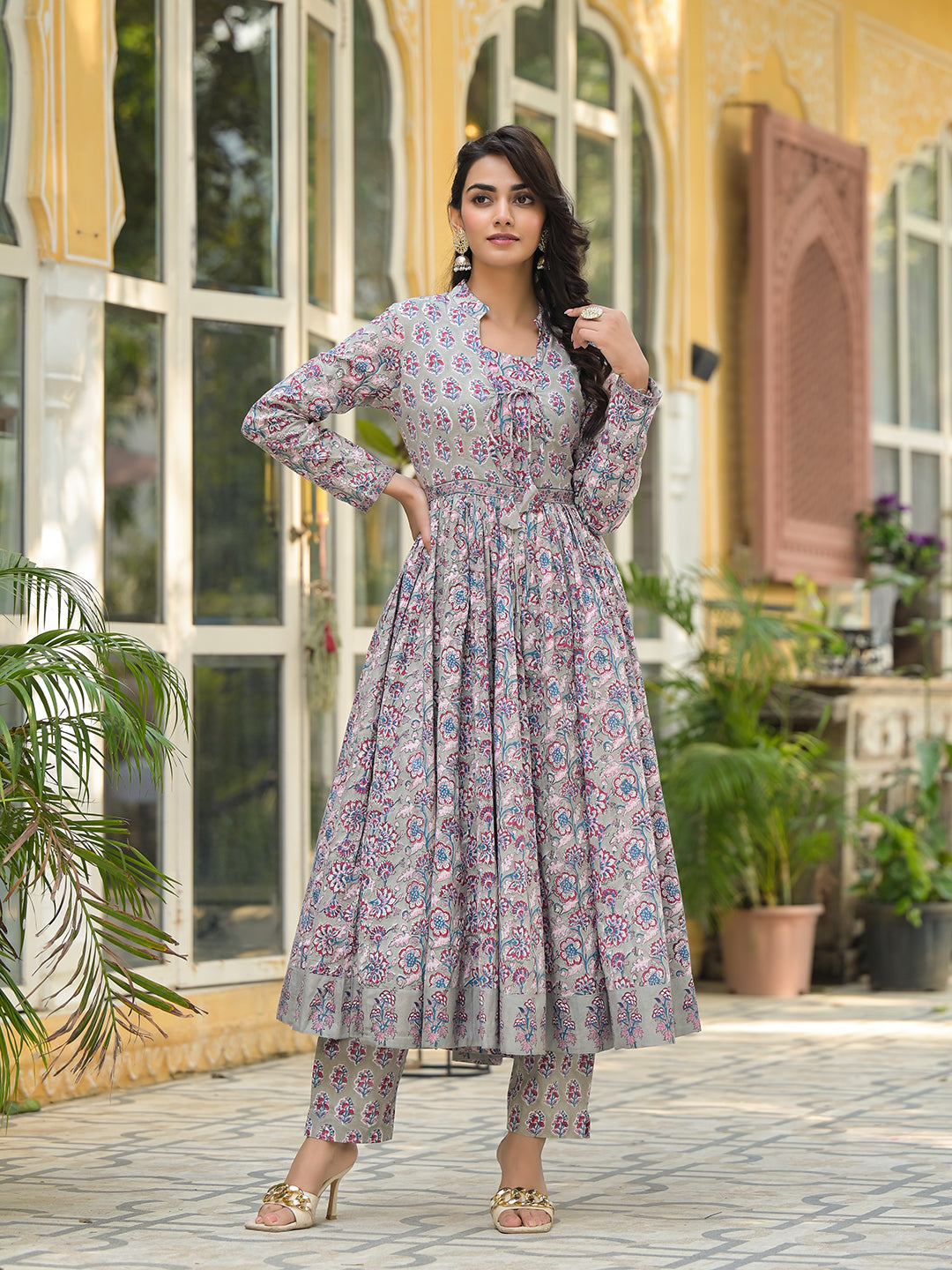 Grey-Cotton-Floral-Print-3-Piece-Anarkali-Set