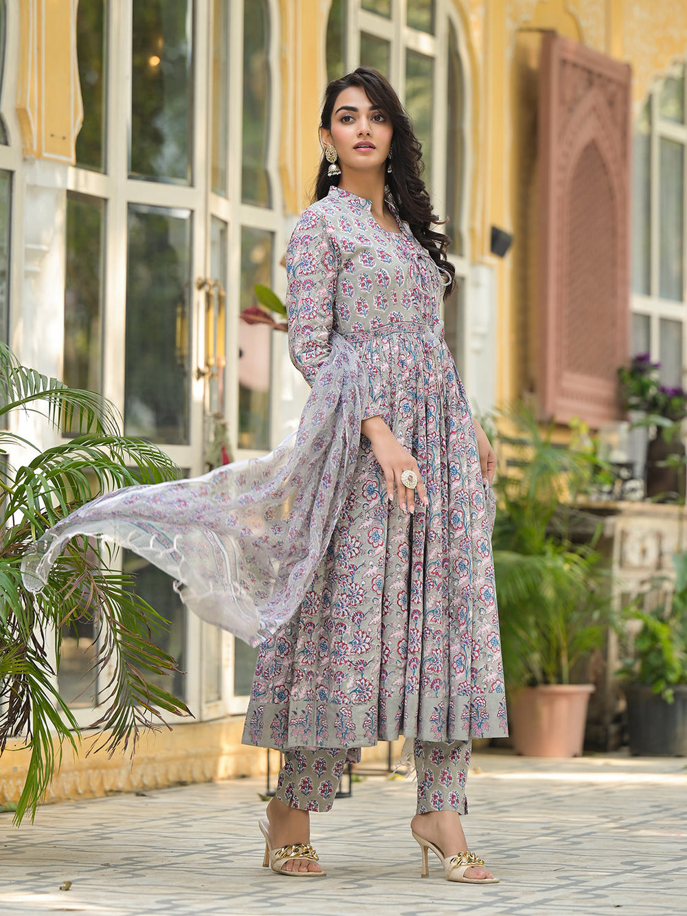 Grey-Cotton-Floral-Print-3-Piece-Anarkali-Set
