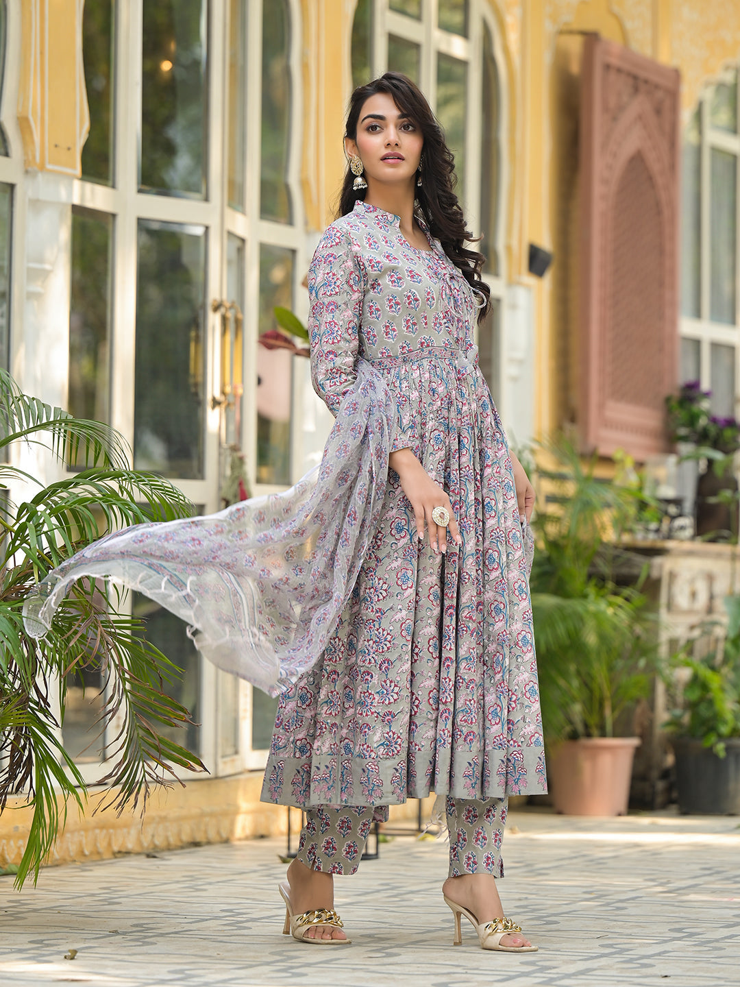 Grey-Cotton-Floral-Print-3-Piece-Anarkali-Set