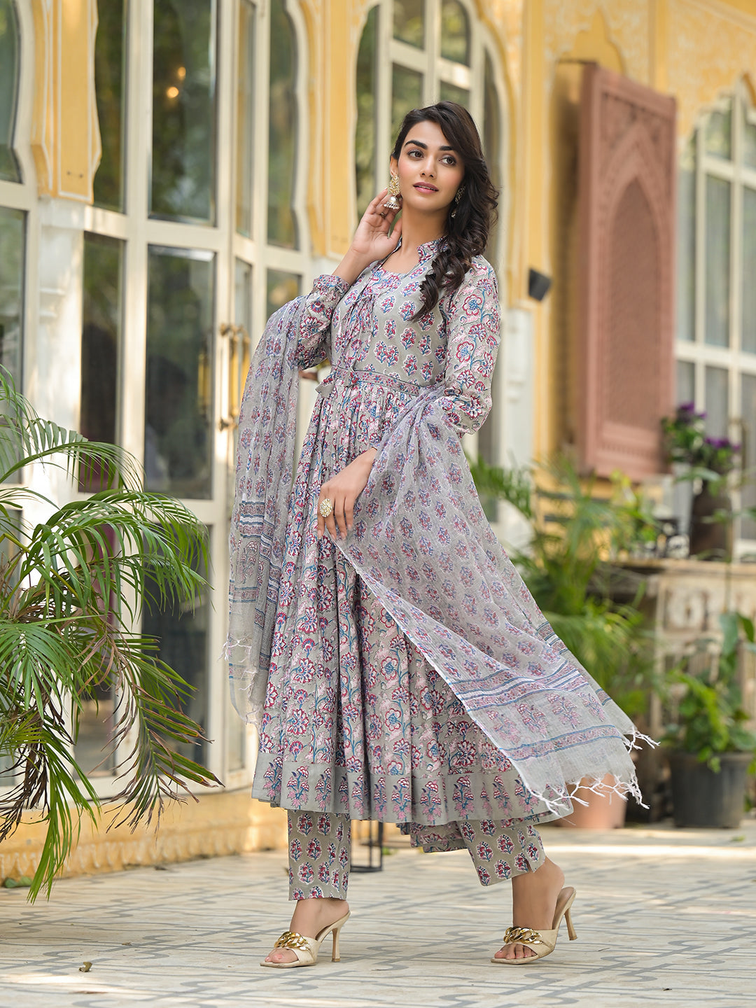 Grey-Cotton-Floral-Print-3-Piece-Anarkali-Set