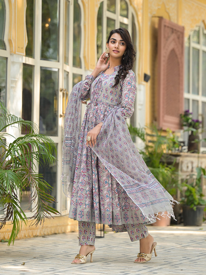 Grey-Cotton-Floral-Print-3-Piece-Anarkali-Set