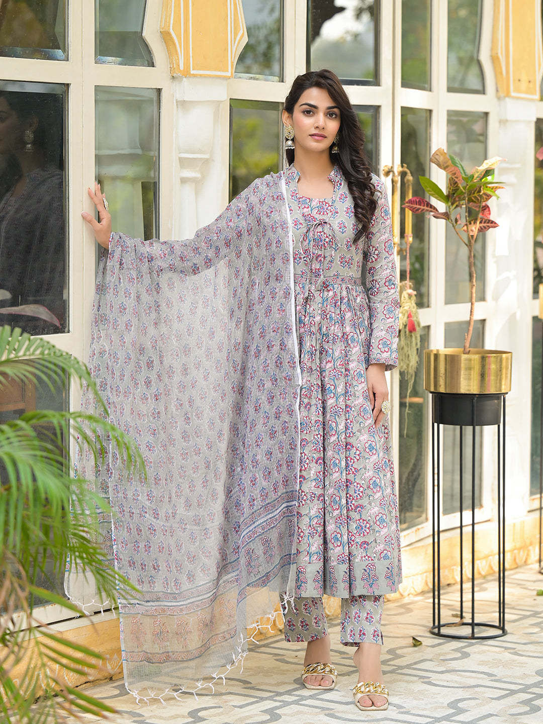 Grey-Cotton-Floral-Print-3-Piece-Anarkali-Set