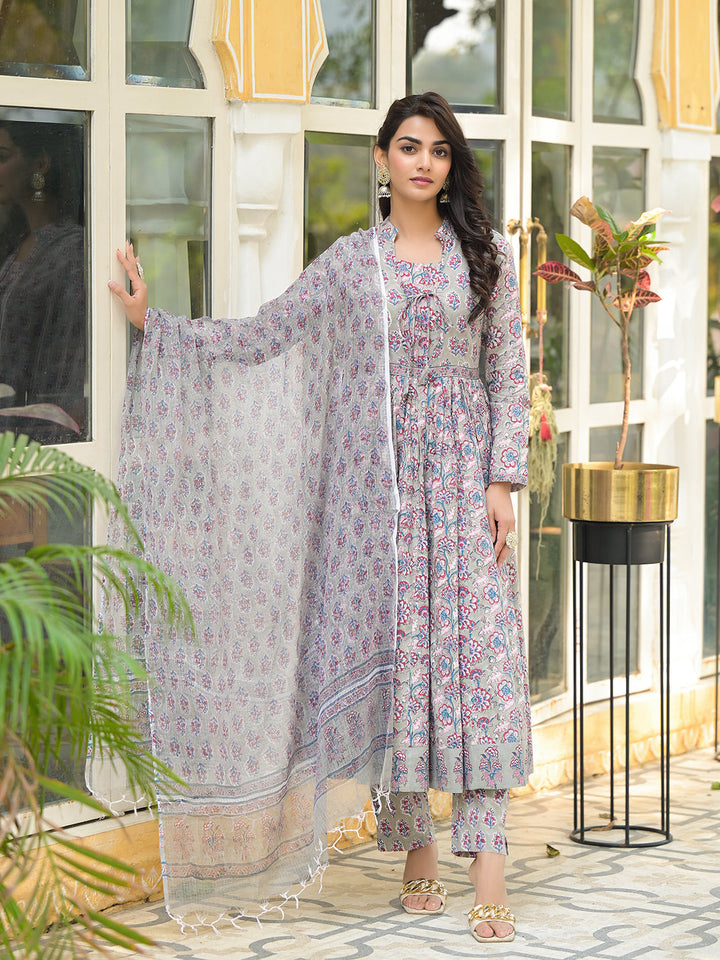 Grey-Cotton-Floral-Print-3-Piece-Anarkali-Set