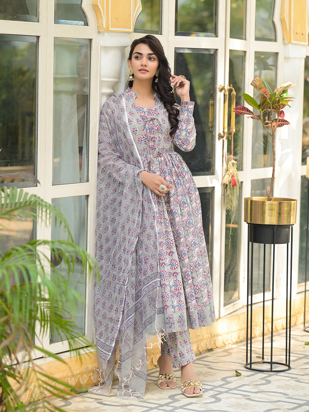 Grey-Cotton-Floral-Print-3-Piece-Anarkali-Set