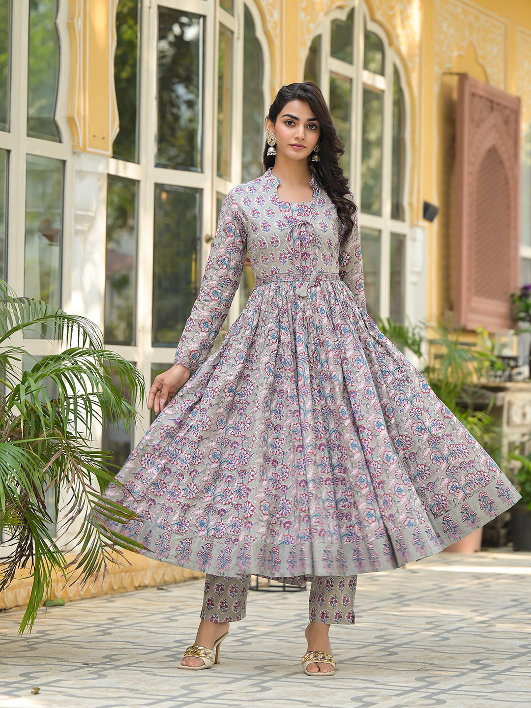 Grey-Cotton-Floral-Print-3-Piece-Anarkali-Set