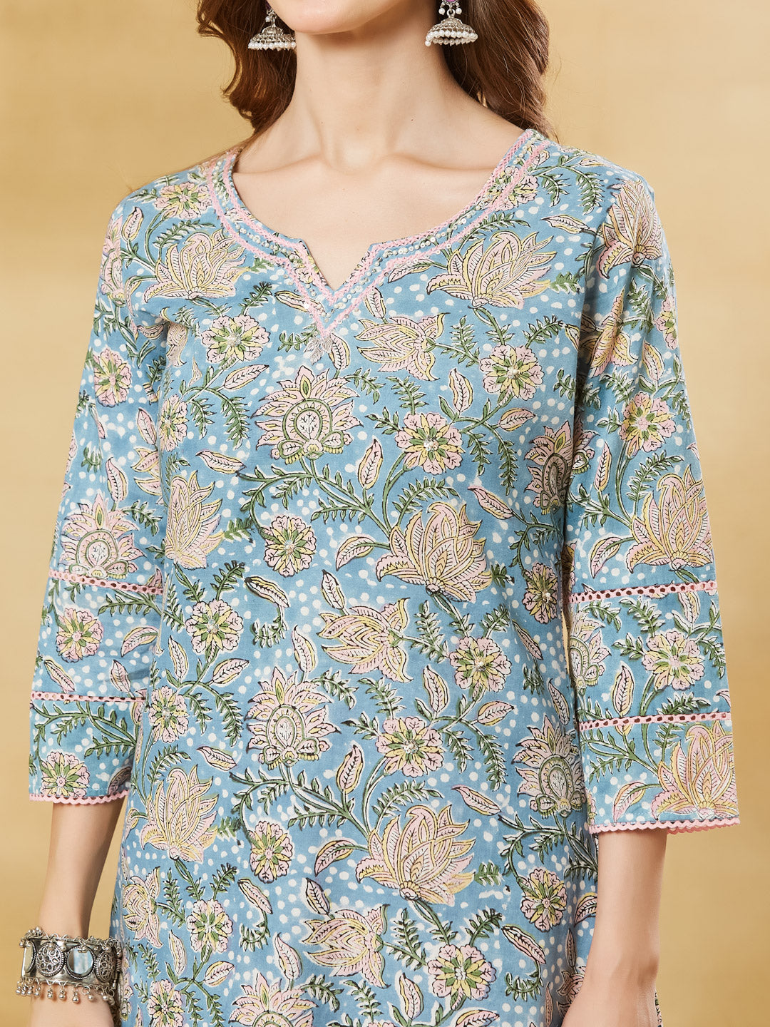 Sky Blue Cotton A-line Kurta Pant Set