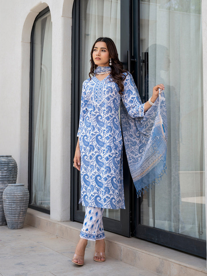 Sky-Blue-Cotton-Handblock-Floral-Print-3-Piece-Kurta-Set
