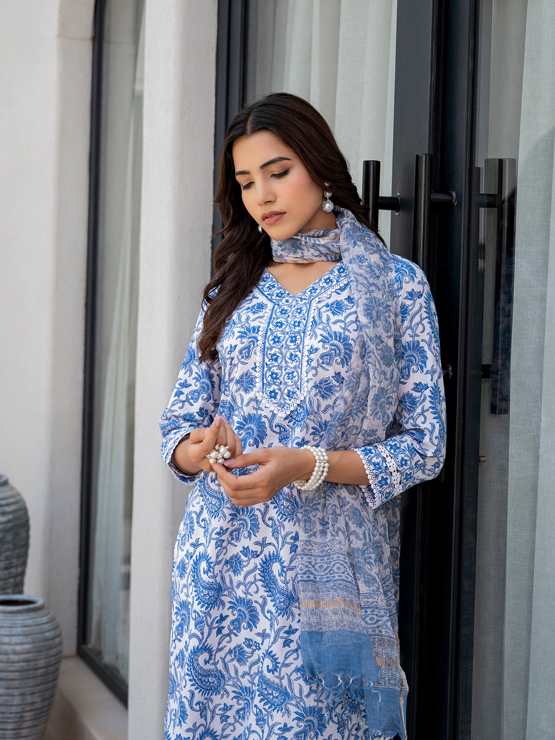 Sky-Blue-Cotton-Handblock-Floral-Print-3-Piece-Kurta-Set