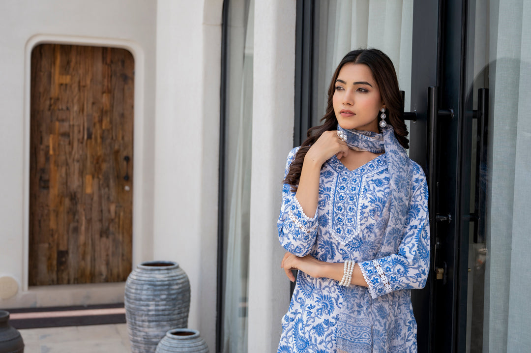 Sky-Blue-Cotton-Handblock-Floral-Print-3-Piece-Kurta-Set