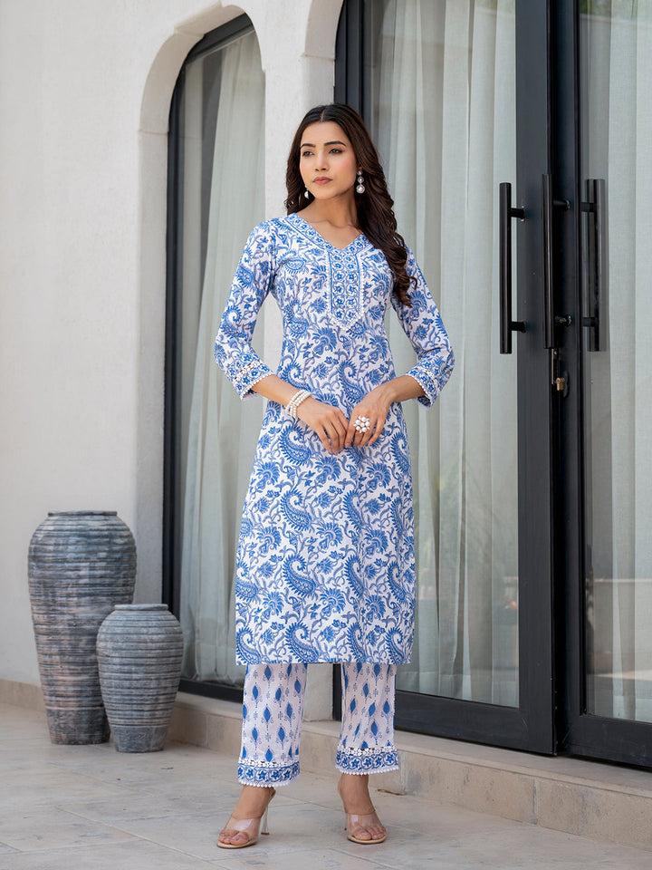 Sky-Blue-Cotton-Handblock-Floral-Print-3-Piece-Kurta-Set