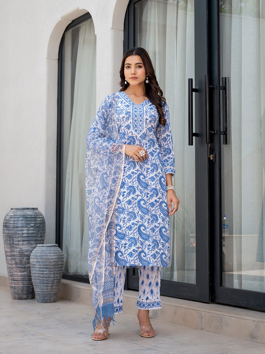Sky-Blue-Cotton-Handblock-Floral-Print-3-Piece-Kurta-Set