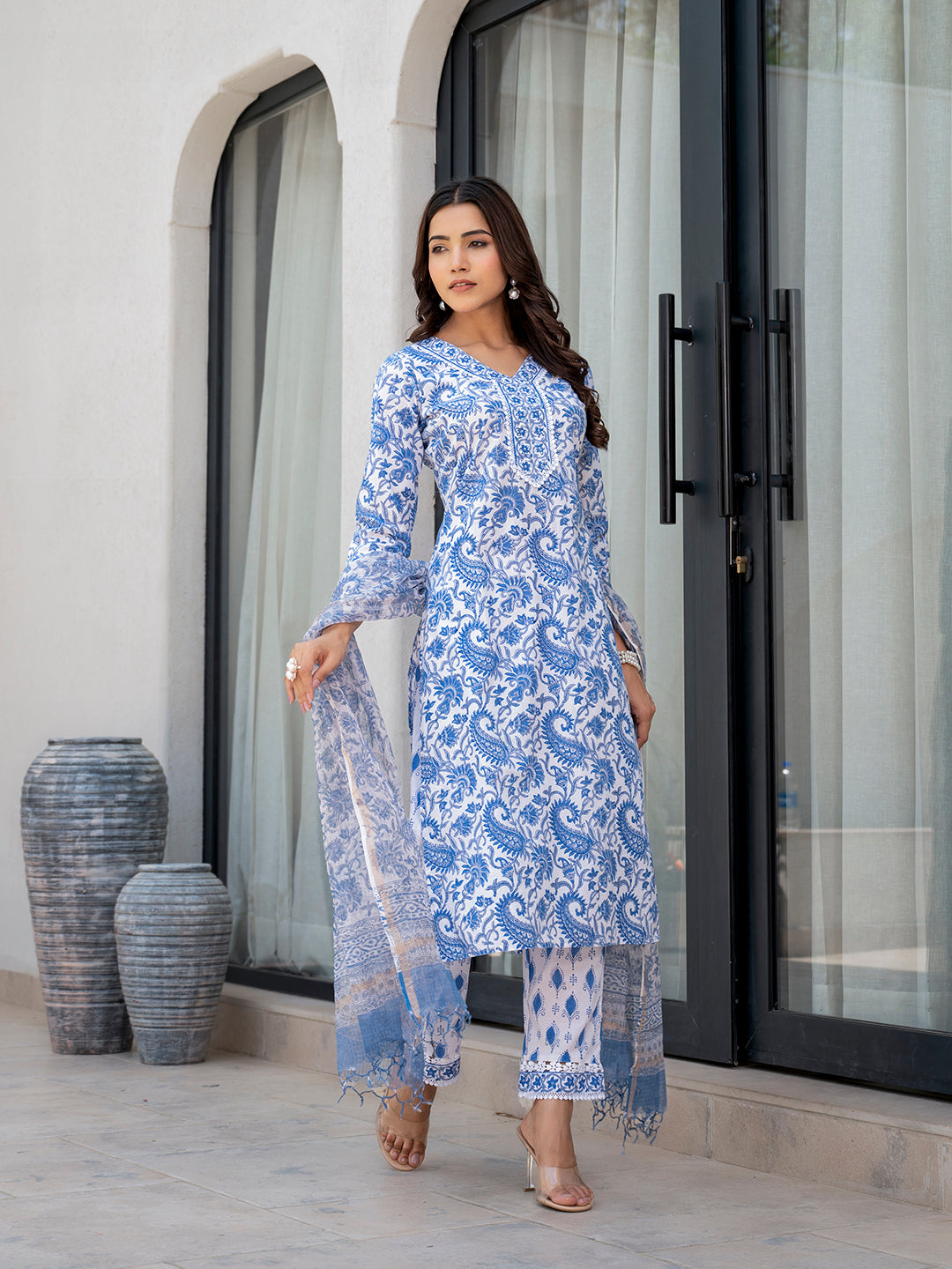 Sky-Blue-Cotton-Handblock-Floral-Print-3-Piece-Kurta-Set