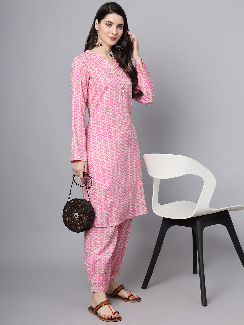 Pink-Rayon-Floral-Print-Fabric-Staright-Co-Ord-Set