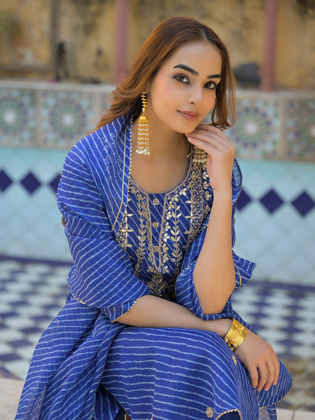 Blue-Cotton-Leheriya-3-Piece-Kurta-Set