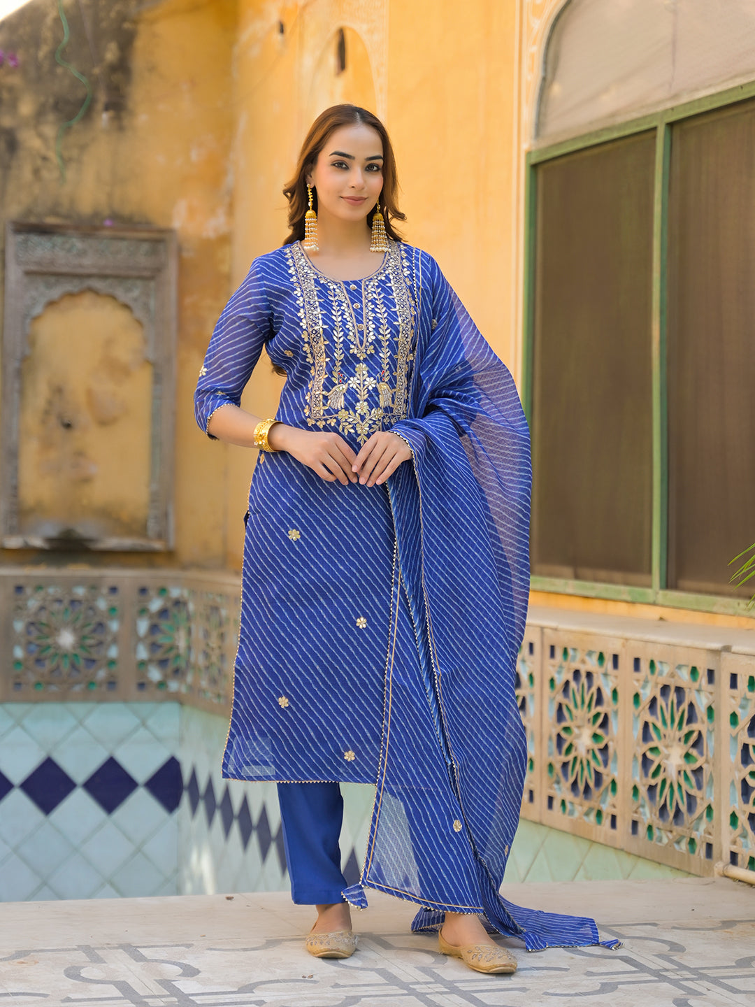 Blue-Cotton-Leheriya-3-Piece-Kurta-Set