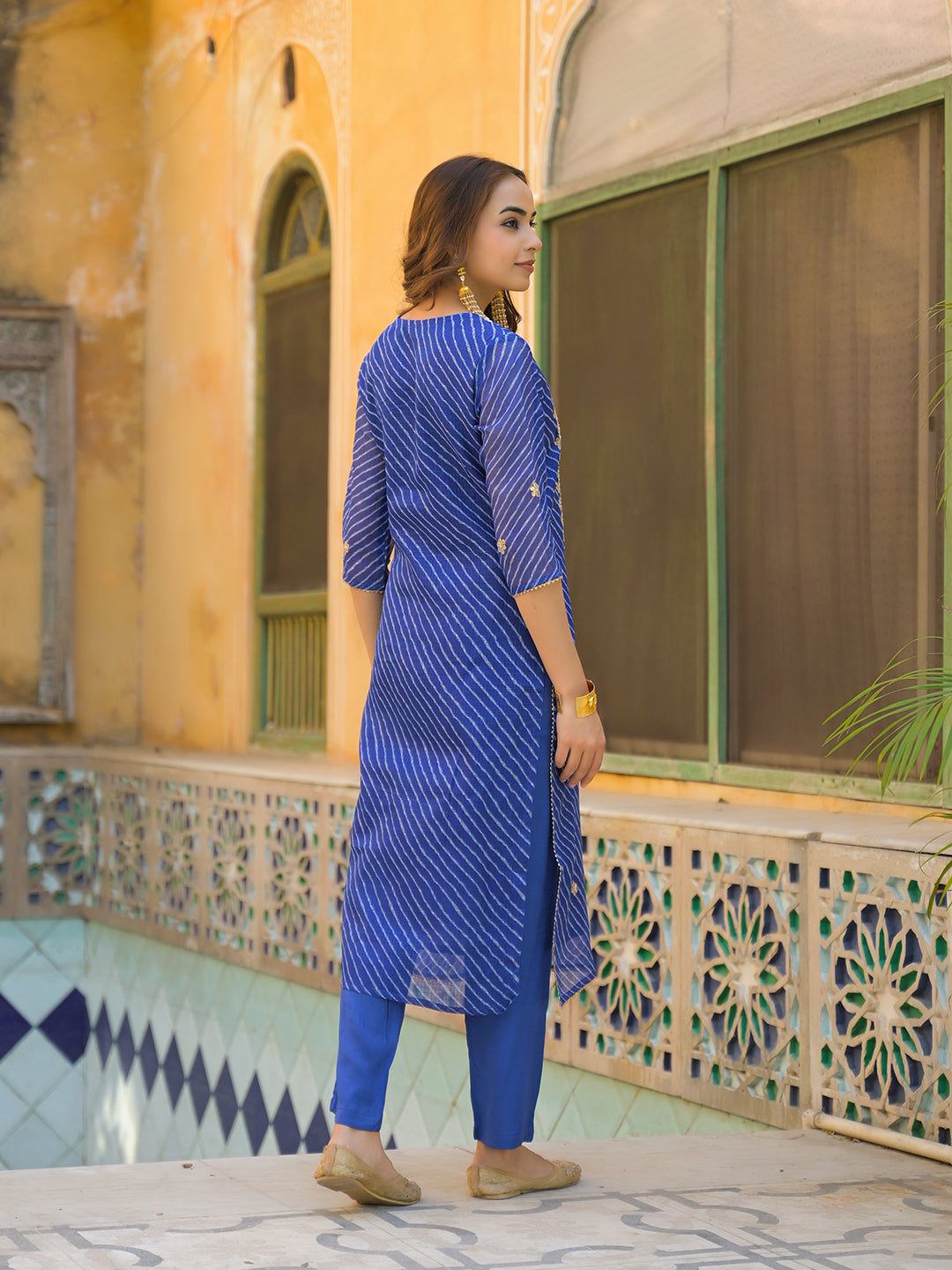 Blue-Cotton-Leheriya-3-Piece-Kurta-Set
