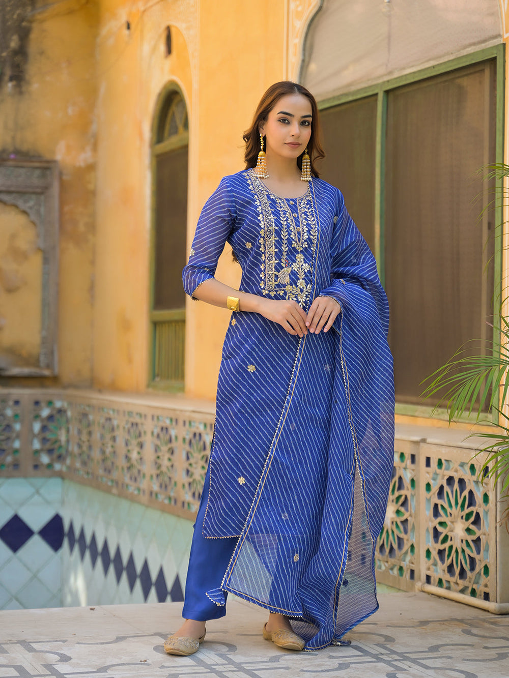 Blue-Cotton-Leheriya-3-Piece-Kurta-Set