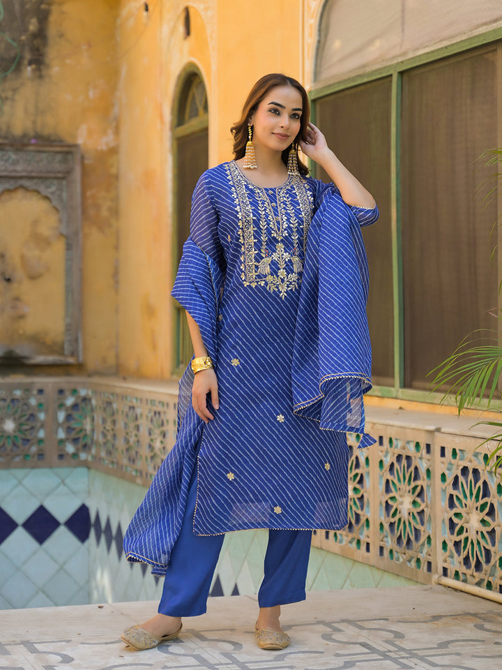 Blue-Cotton-Leheriya-3-Piece-Kurta-Set