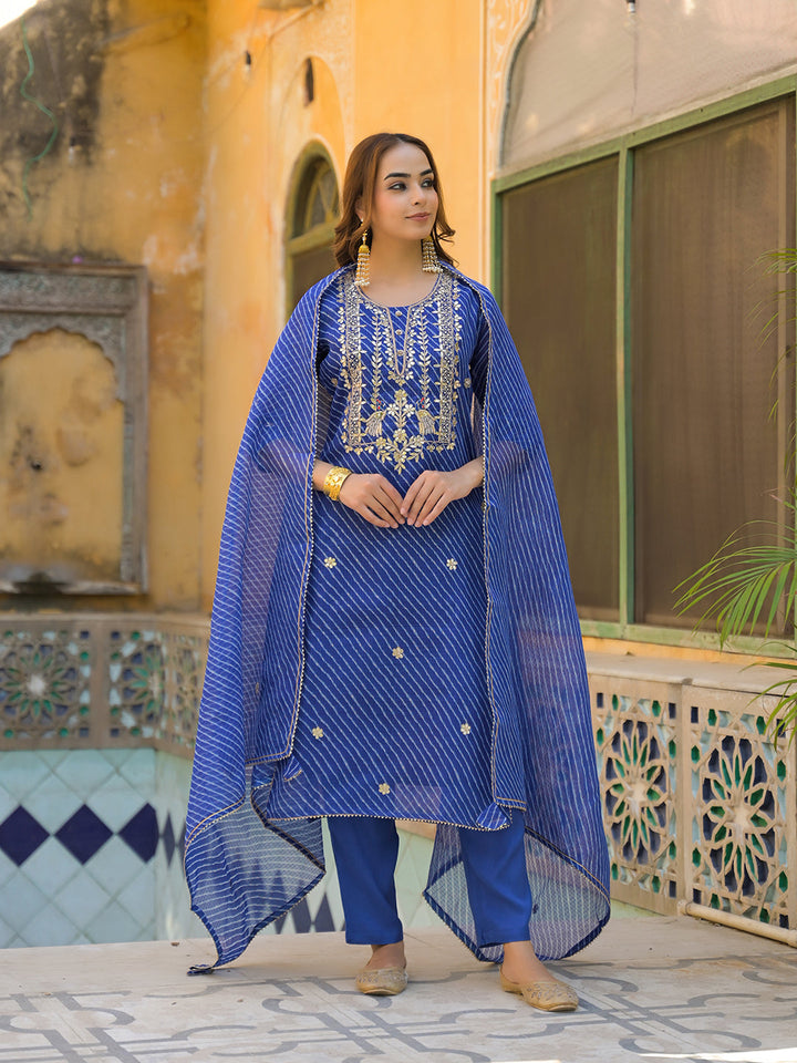Blue-Cotton-Leheriya-3-Piece-Kurta-Set