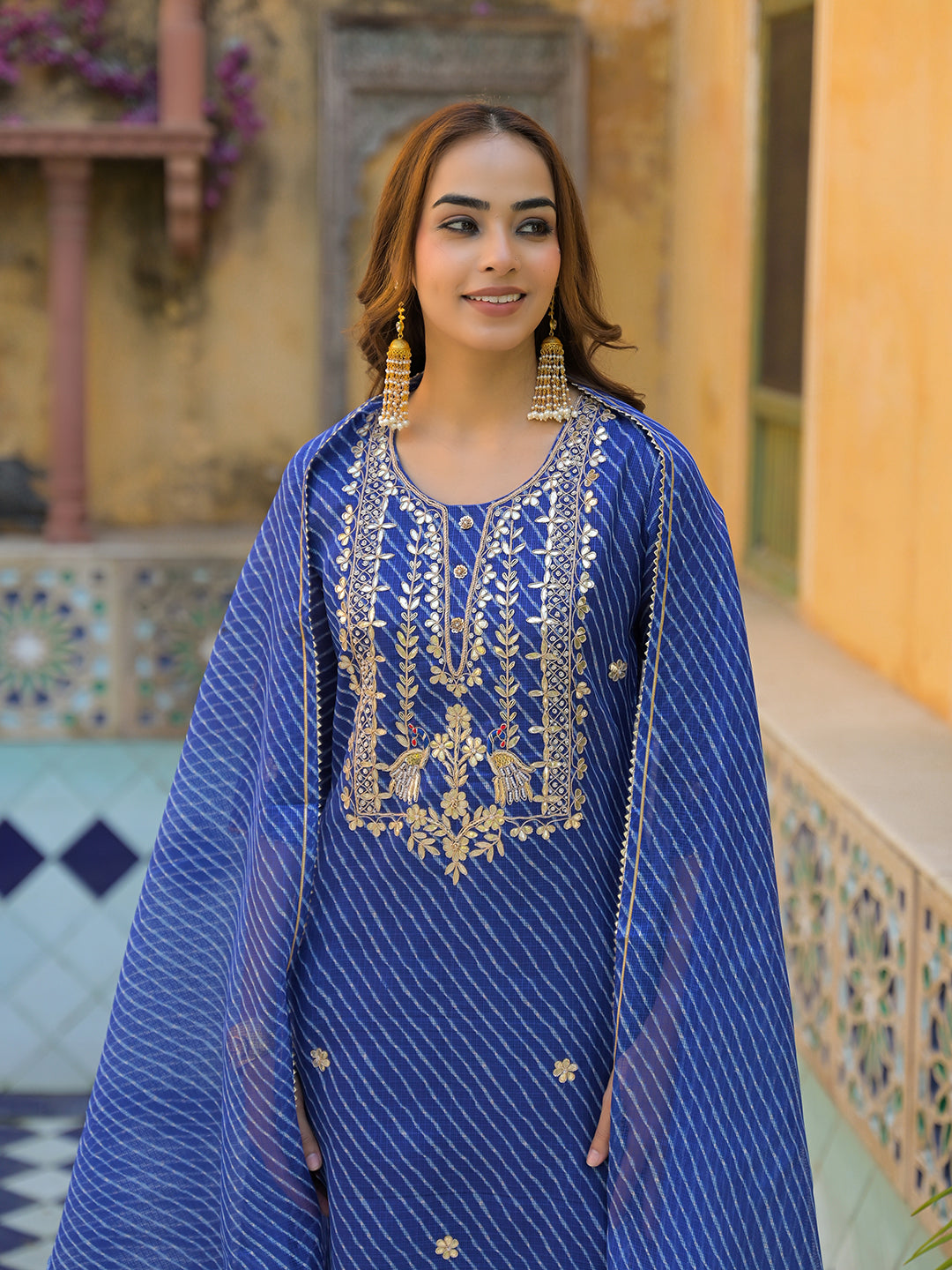 Blue-Cotton-Leheriya-3-Piece-Kurta-Set