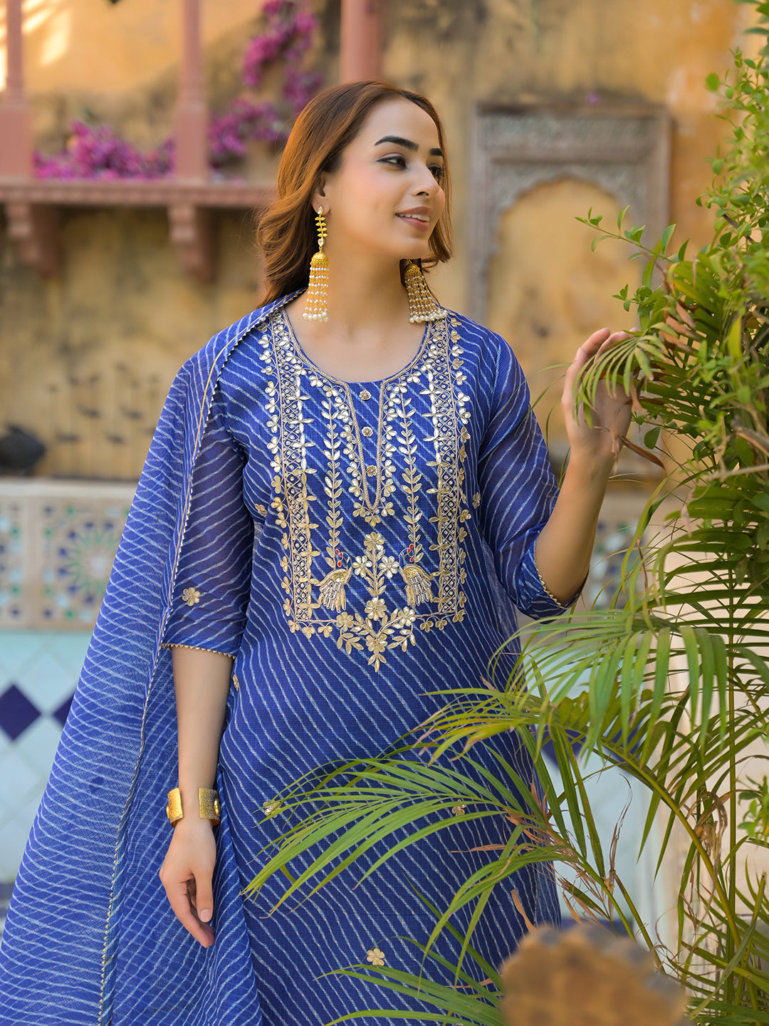Blue-Cotton-Leheriya-3-Piece-Kurta-Set
