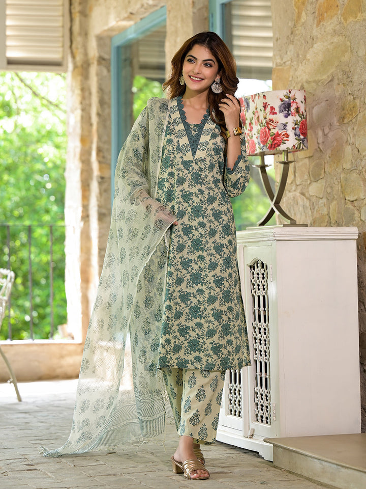 Bottle-Green-Cotton-Floral-Printed-3-Piece-Kurta-Set