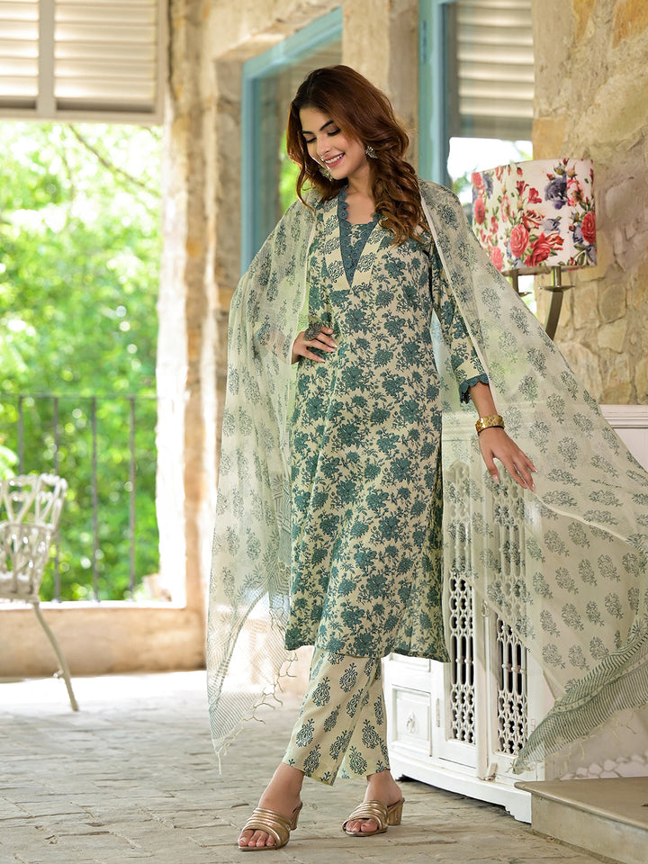 Bottle-Green-Cotton-Floral-Printed-3-Piece-Kurta-Set