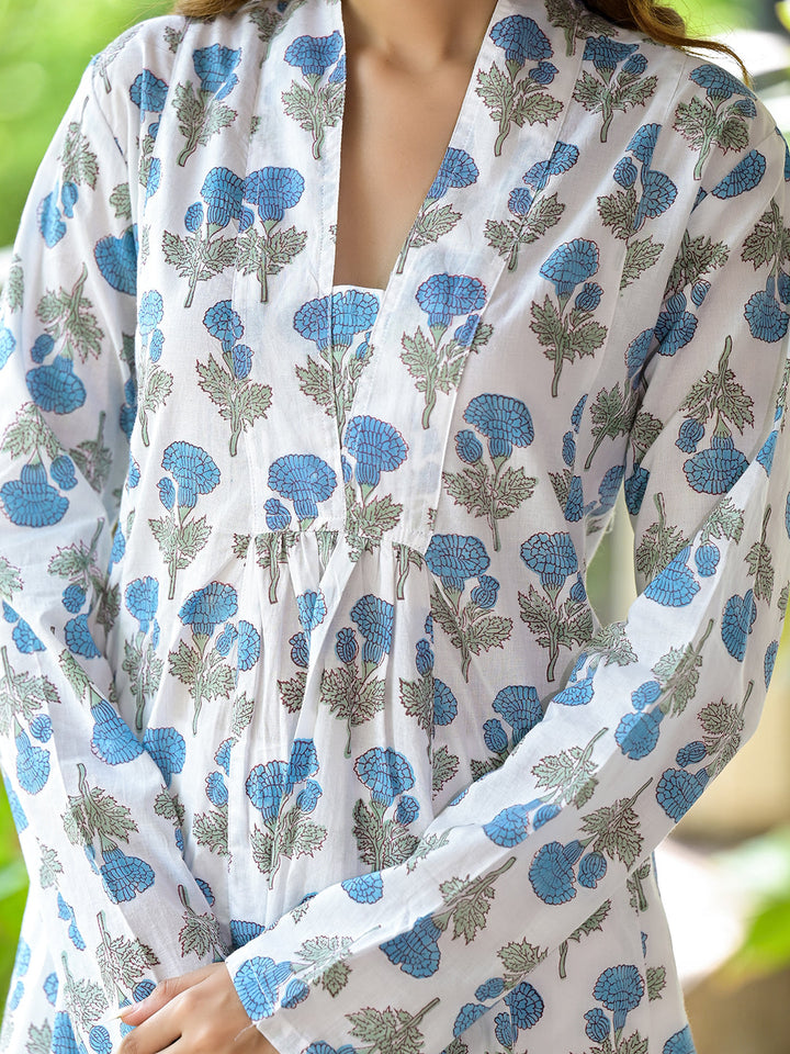 White-&-Blue-Cotton-Handblock-Print-3-Piece-Kurta-Set