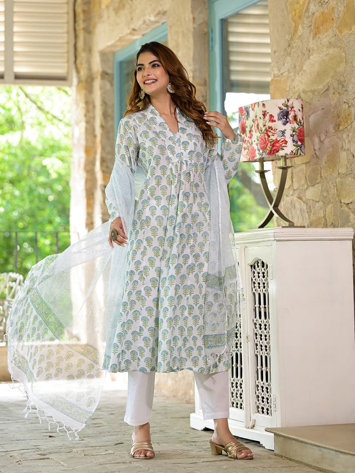 White-&-Green-Cotton-Handblock-Print-3-Piece-Kurta-Set