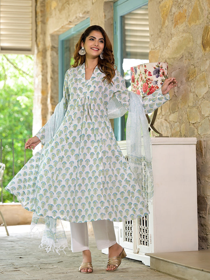 White-&-Green-Cotton-Handblock-Print-3-Piece-Kurta-Set